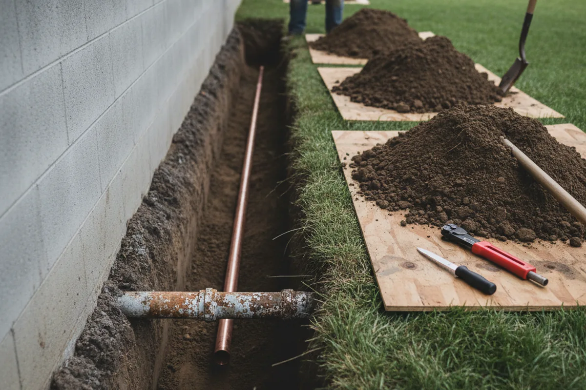Excavated water line trench during Sewer Line Repair in Cartersville